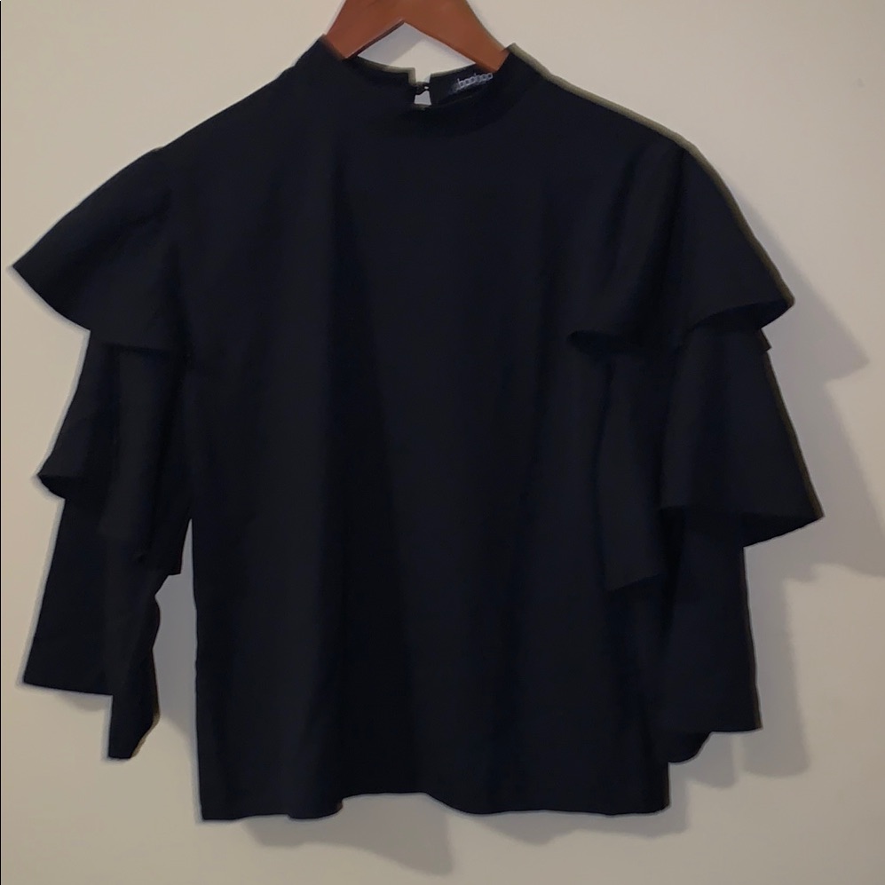 Boohoo Black Boxy Ruffled Blouse With Mandarin Collar - Size 4